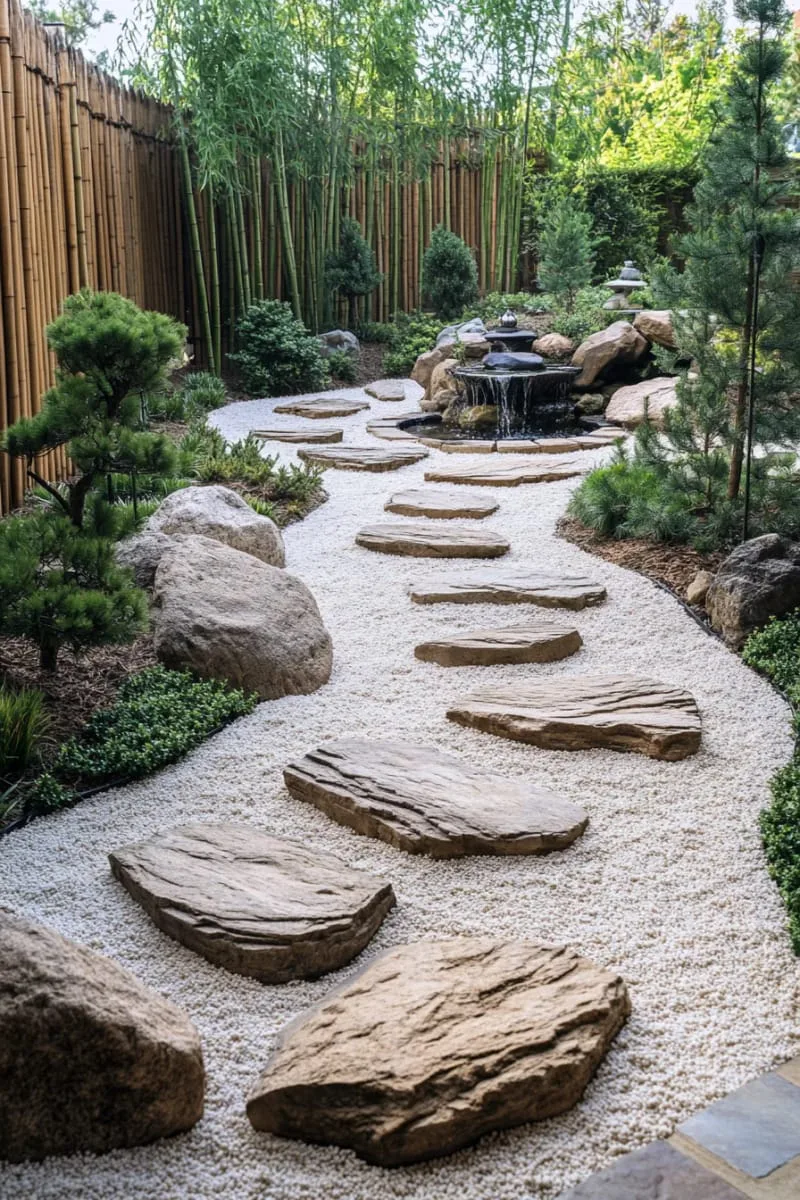 zen-inspired rock garden with bamboo water feature on the incline 1