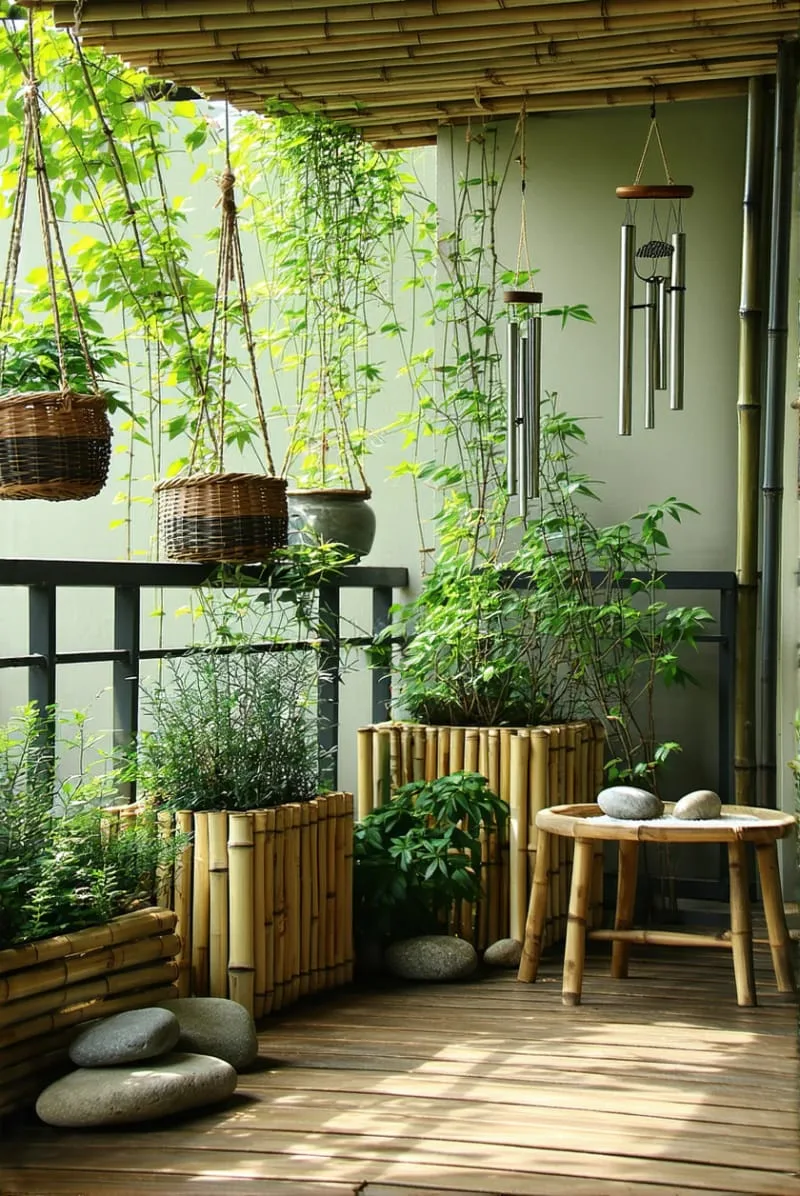 zen retreat with bamboo planters and wind chimes 1