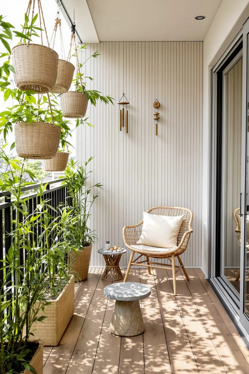zen retreat with bamboo planters and wind chimes 1