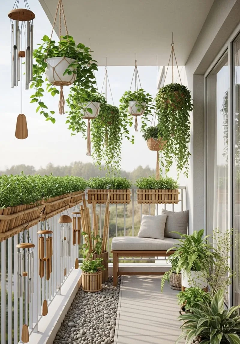 zen retreat with bamboo planters and wind chimes 1