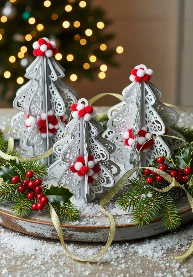 3d christmas tree ornaments with snowflake cutouts and mini pom-poms 1