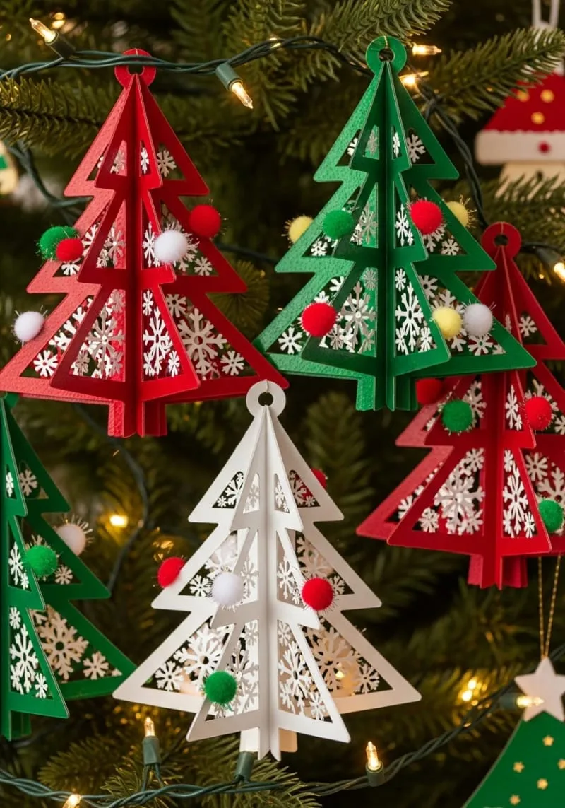 3d christmas tree ornaments with snowflake cutouts and mini pom-poms 1