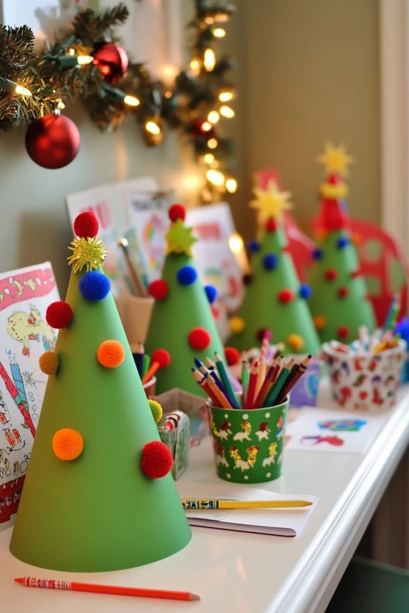 23 Kids Christmas Tree Ideas Full of Color, Whimsy, and Holiday Cheer 12 3d cone trees made from green cardboard and pom-poms, displayed on kids’ desks 1
