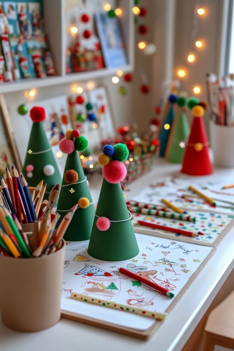 23 Kids Christmas Tree Ideas Full of Color, Whimsy, and Holiday Cheer 13 3d cone trees made from green cardboard and pom-poms, displayed on kids’ desks 1
