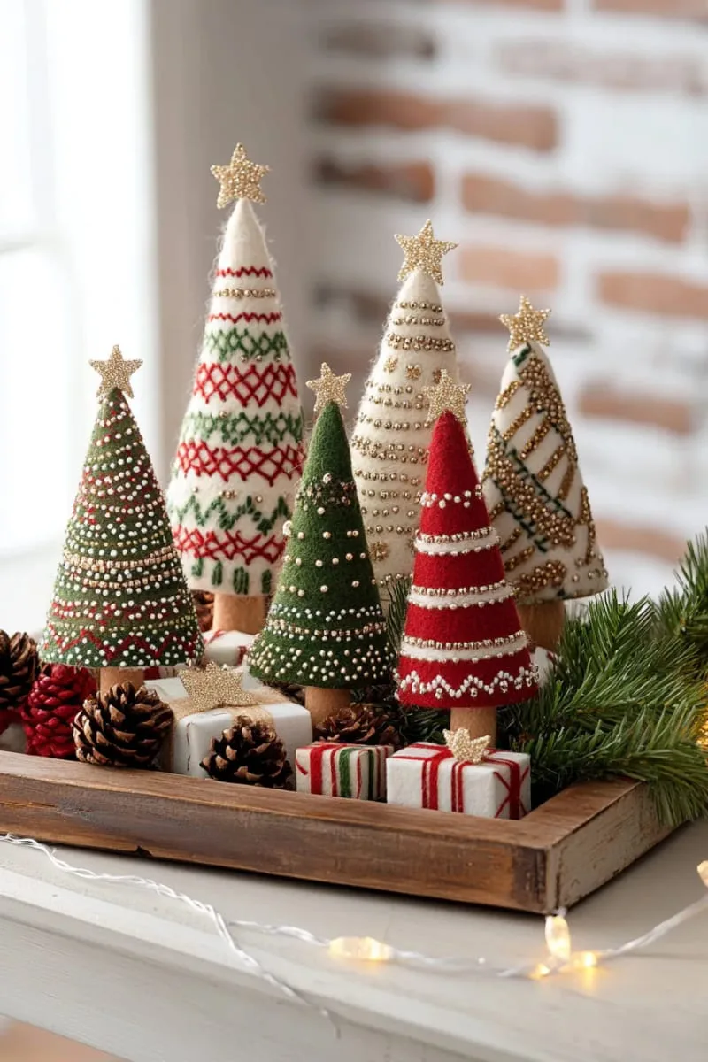 3d felt christmas trees stitched with tiny seed beads 1