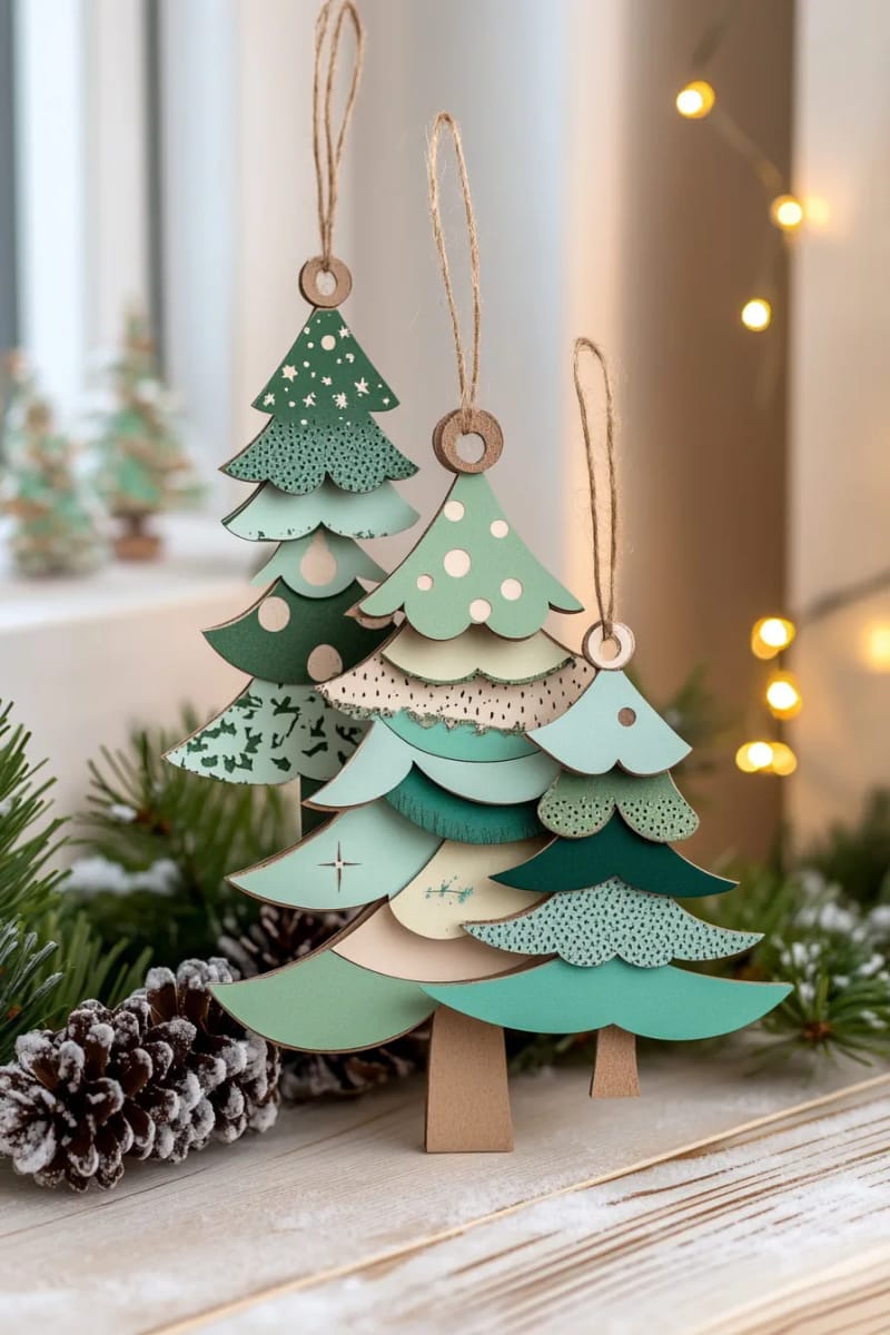 3d layered cardboard tree ornaments painted in ombre green shades 1