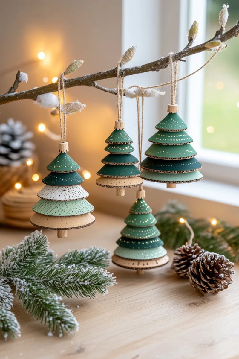 3d layered cardboard tree ornaments painted in ombre green shades 1