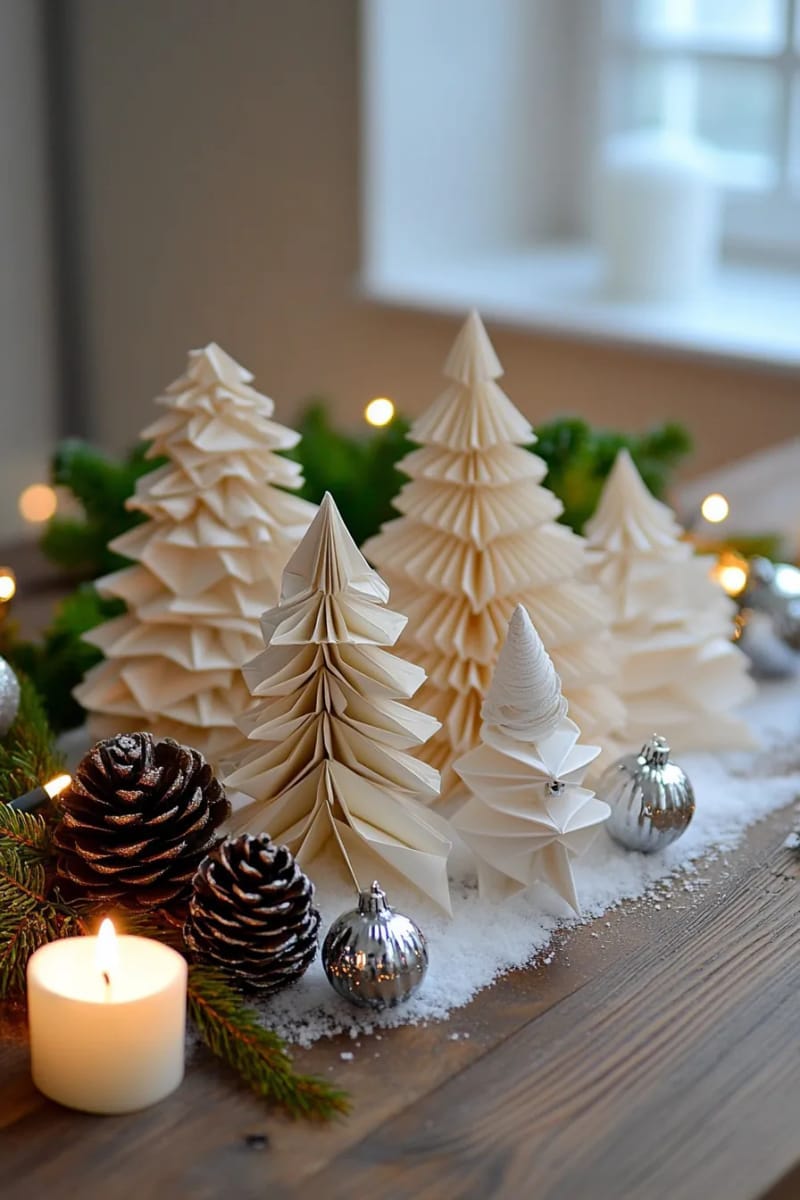 27 Unique Homemade Christmas Decorations You'll Love 24 3d origami paper christmas trees in snowy white for tabletop decor 1