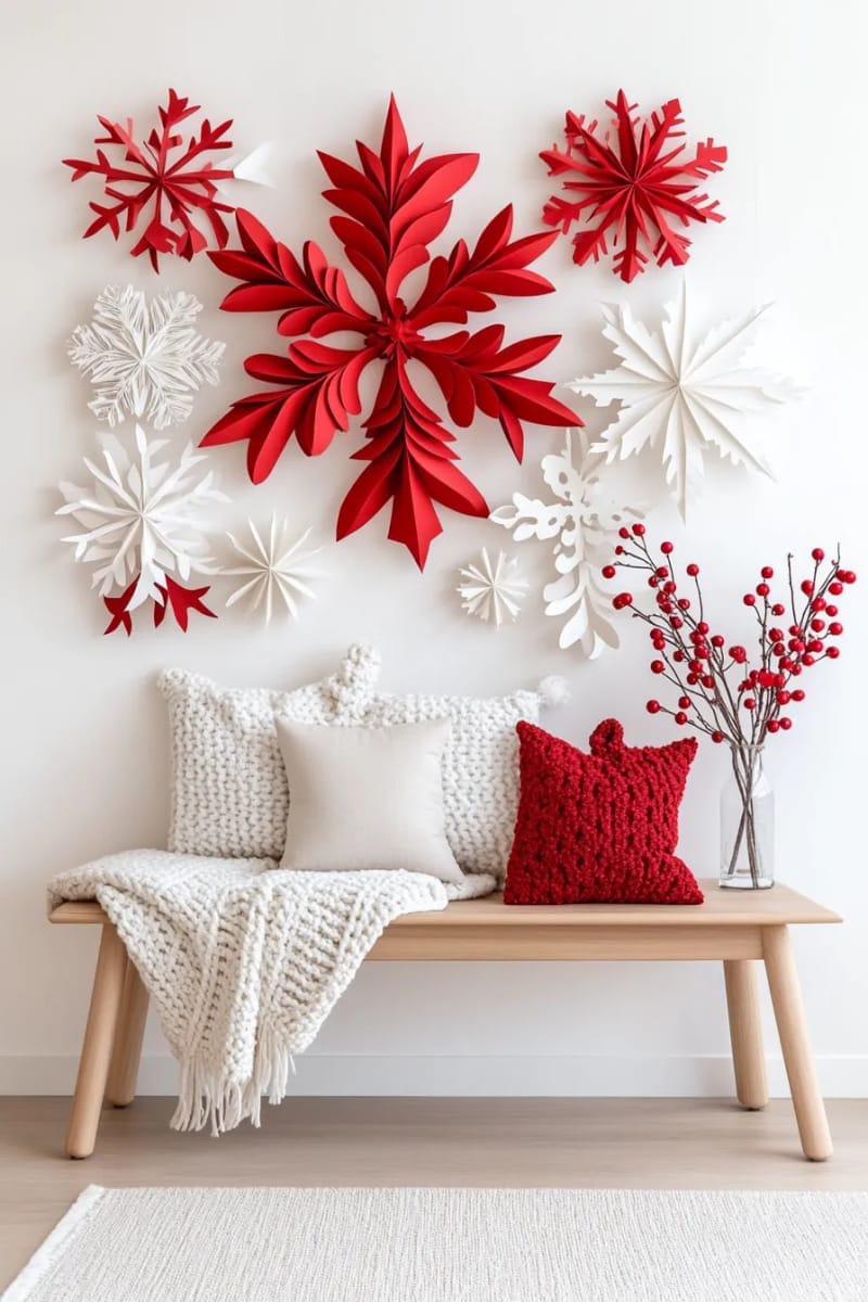 27 Unique Christmas Craft Decorations for Inspired Homes 7 3d paper snowflake wall art in bold red and crisp white layers 1