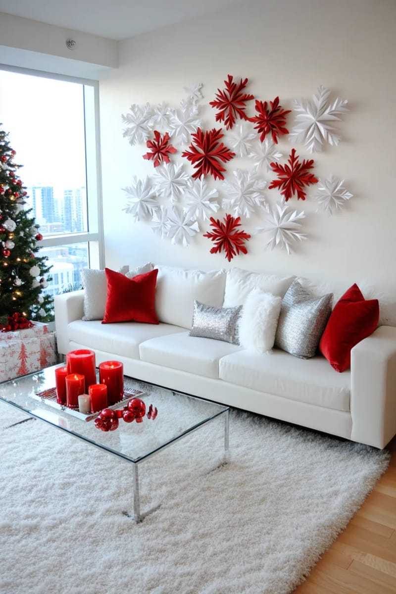 27 Unique Christmas Craft Decorations for Inspired Homes 10 3d paper snowflake wall art in bold red and crisp white layers 1