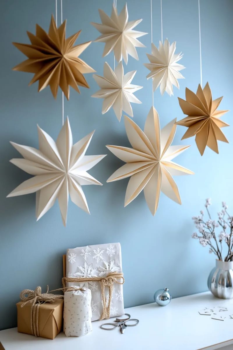 3d paper snowflakes in minimalist white folded geometric shapes 1