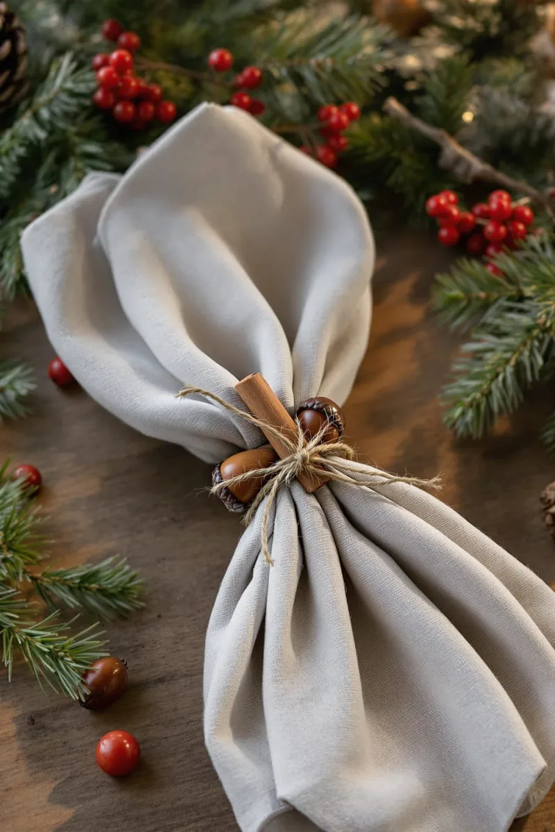 acorn and cinnamon stick napkin rings for a cozy christmas table 1
