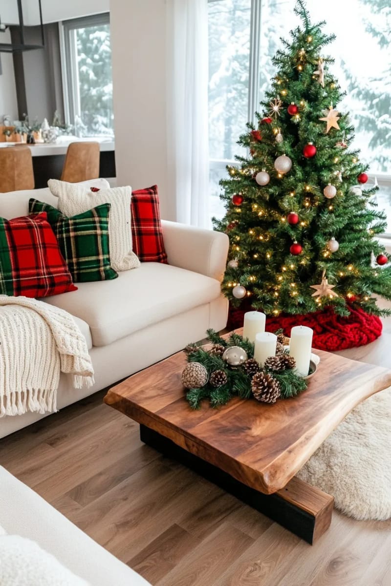 add a tartan tree skirt and matching throw pillows for unified style 1
