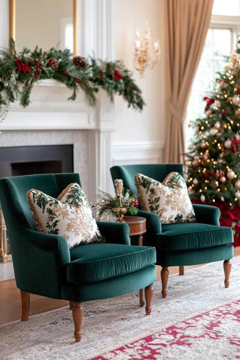 add emerald green velvet chairs with embroidered festive cushions 1