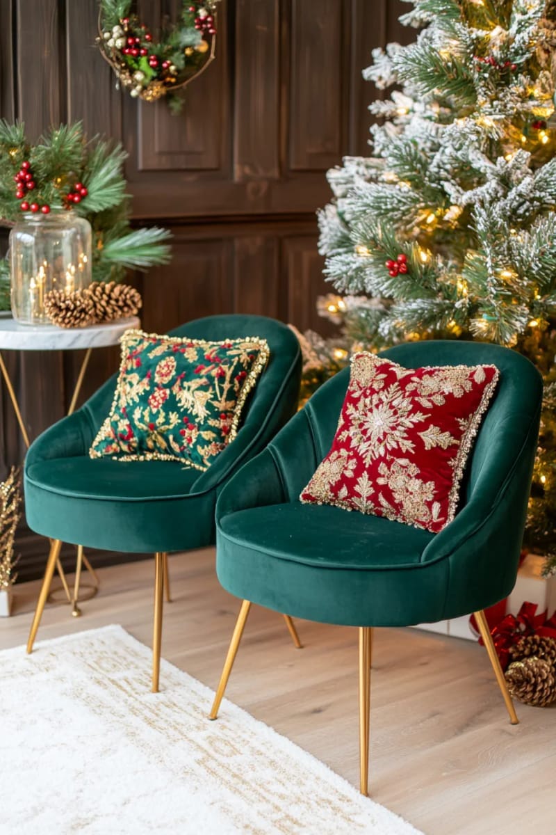 add emerald green velvet chairs with embroidered festive cushions 1