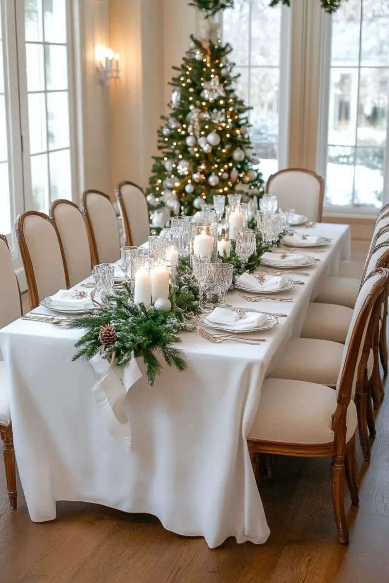 25 New Gorgeous White Christmas Decor Ideas That Wow 38 all-white christmas tablescape with linen napkins and crystal goblets 1