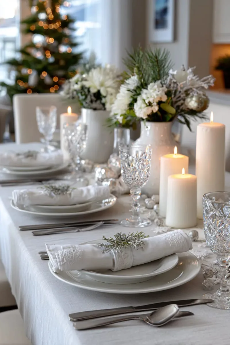 25 New Gorgeous White Christmas Decor Ideas That Wow 39 all-white christmas tablescape with linen napkins and crystal goblets 1