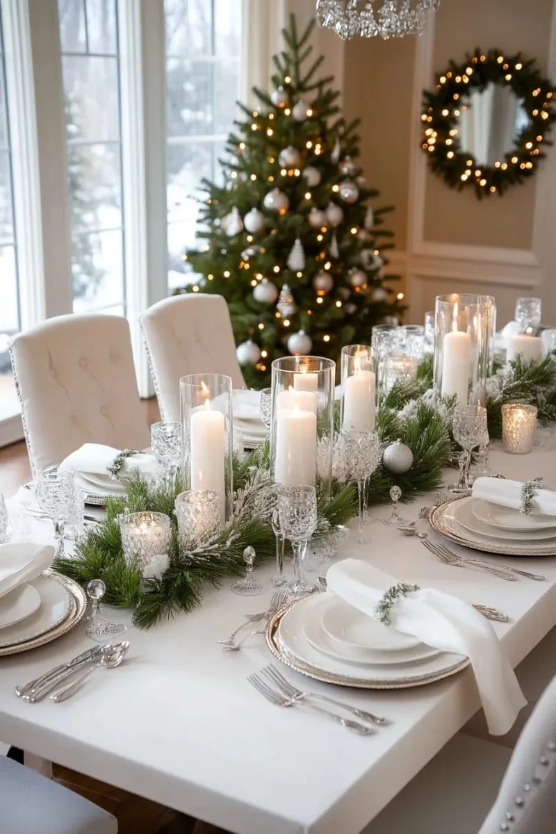 25 New Gorgeous White Christmas Decor Ideas That Wow 40 all-white christmas tablescape with linen napkins and crystal goblets 1