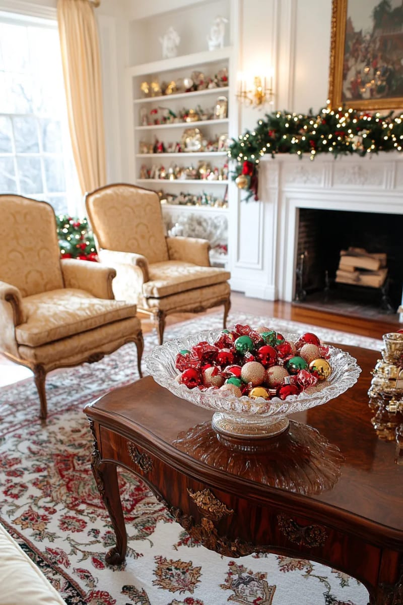 27 Vintage Christmas Decorations You'll Love 54 antique glass candy dishes filled with red-and-green wrapped sweets 1