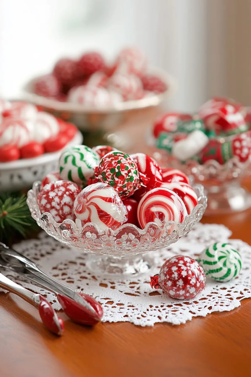 27 Vintage Christmas Decorations You'll Love 55 antique glass candy dishes filled with red-and-green wrapped sweets 1