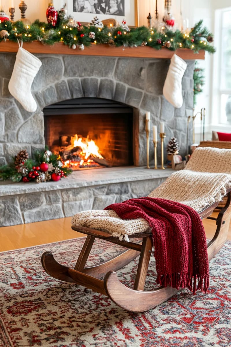 27 Vintage Christmas Decorations You'll Love 20 antique wooden sled propped by the fireplace, draped with a knitted blanket 1