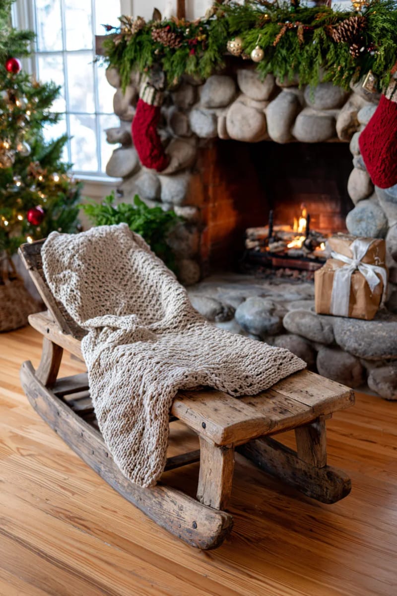 27 Vintage Christmas Decorations You'll Love 21 antique wooden sled propped by the fireplace, draped with a knitted blanket 1