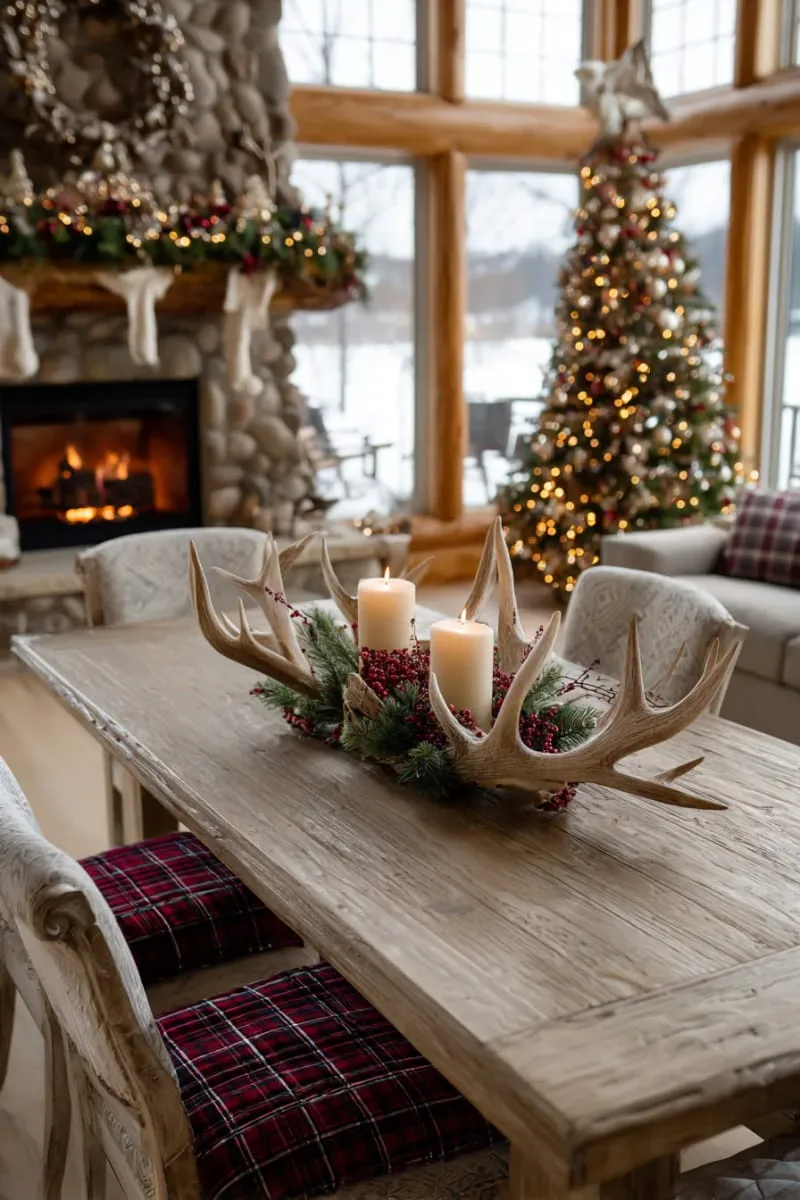 antler-inspired candle centerpiece with fresh pine sprigs 1