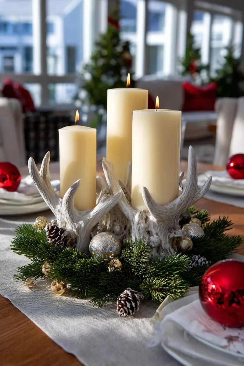 antler-inspired candle centerpiece with fresh pine sprigs 1