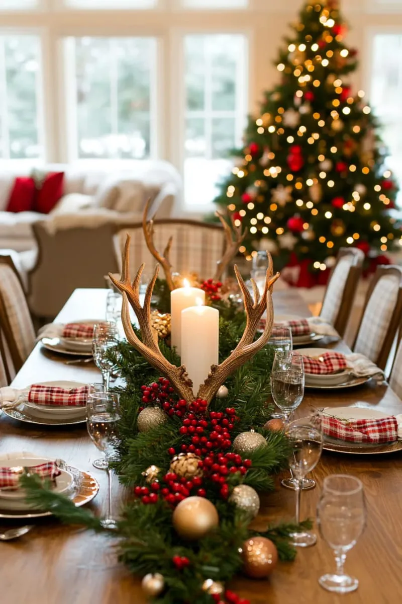 antler-inspired candle centerpiece with fresh pine sprigs 1