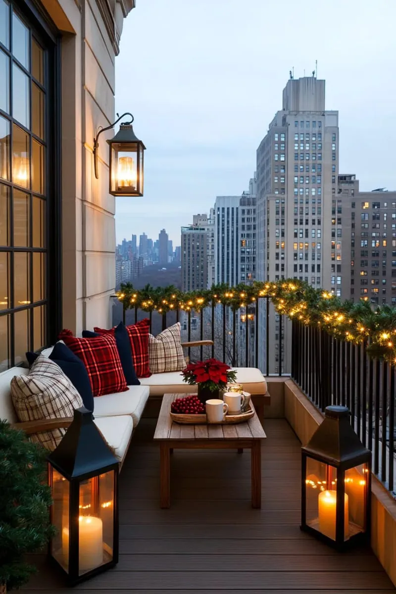 apartment balcony lined with garland, lanterns, and plaid cushions 1