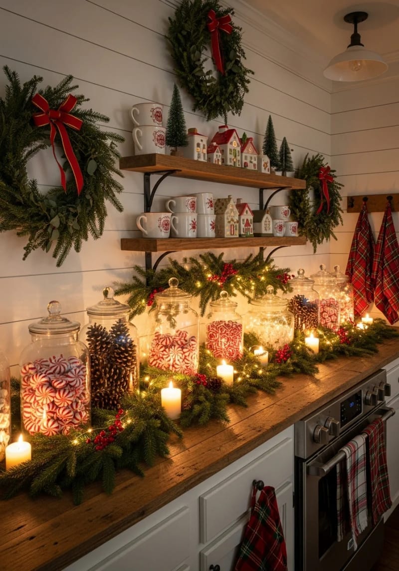 23 Christmas Countertop Decor Ideas Guests Can’t Stop Talking About 41 apothecary jars filled with peppermint candies and pinecones 1