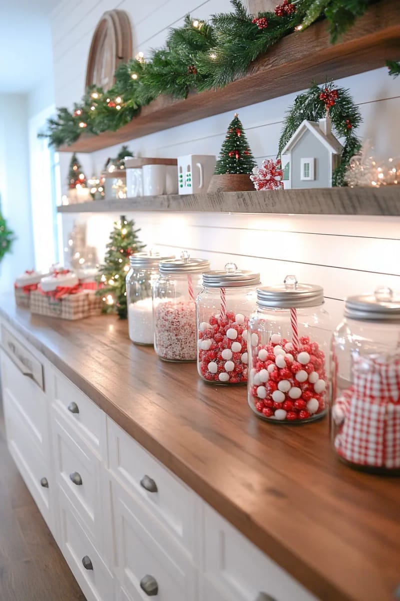 23 Christmas Countertop Decor Ideas Guests Can’t Stop Talking About 42 apothecary jars filled with peppermint candies and pinecones 1