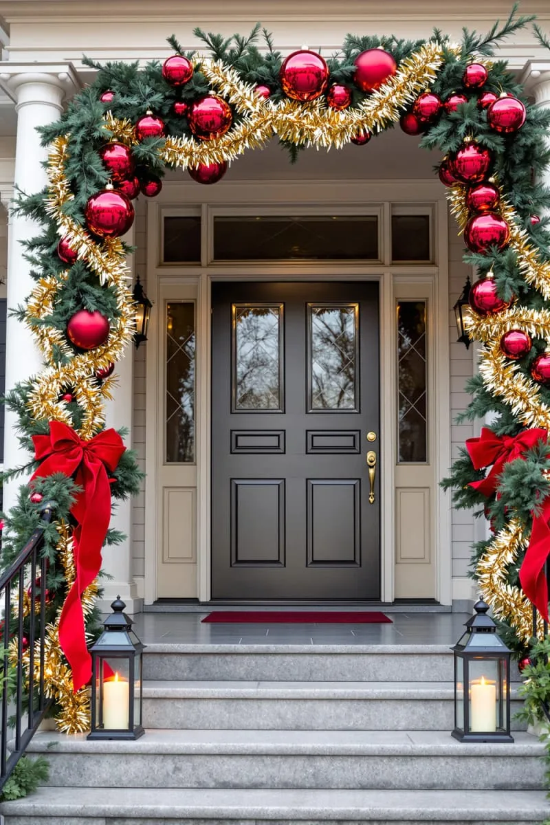 archway of gold tinsel and red ornaments framing the front porch for instant drama 1