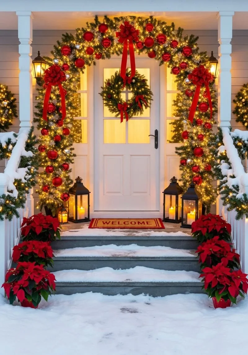 archway of gold tinsel and red ornaments framing the front porch for instant drama 1