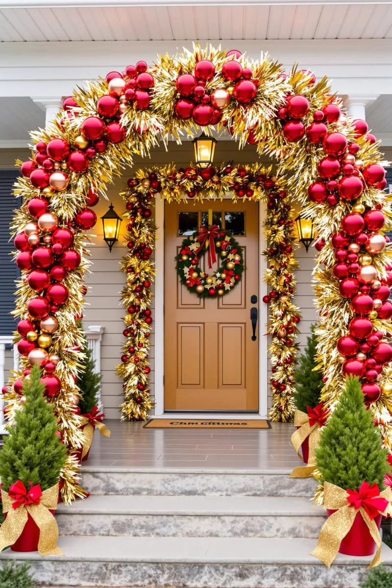 archway of gold tinsel and red ornaments framing the front porch for instant drama 1