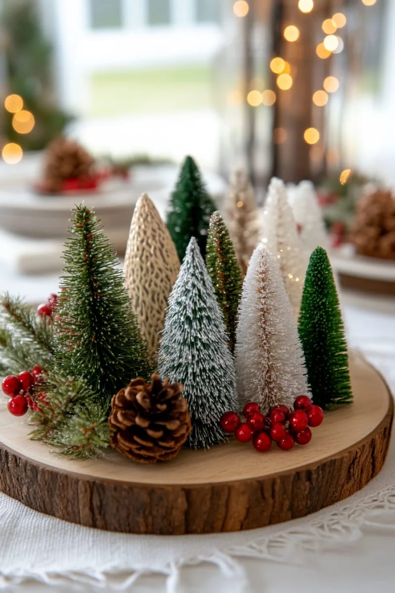 27 Stunning Winter Decor Ideas for a Stylish Retreat 50 arrange a cluster of snowy bottle brush trees on a wooden tray. 1