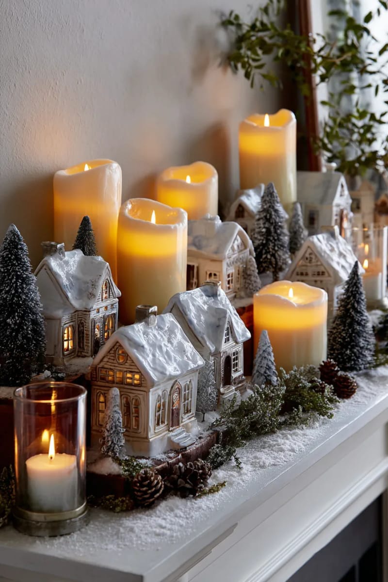 arrange a glowing candle village on the mantel with miniature snowy houses 1