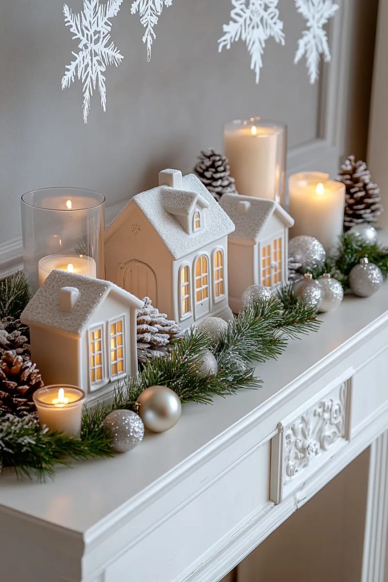 arrange a glowing candle village on the mantel with miniature snowy houses 1