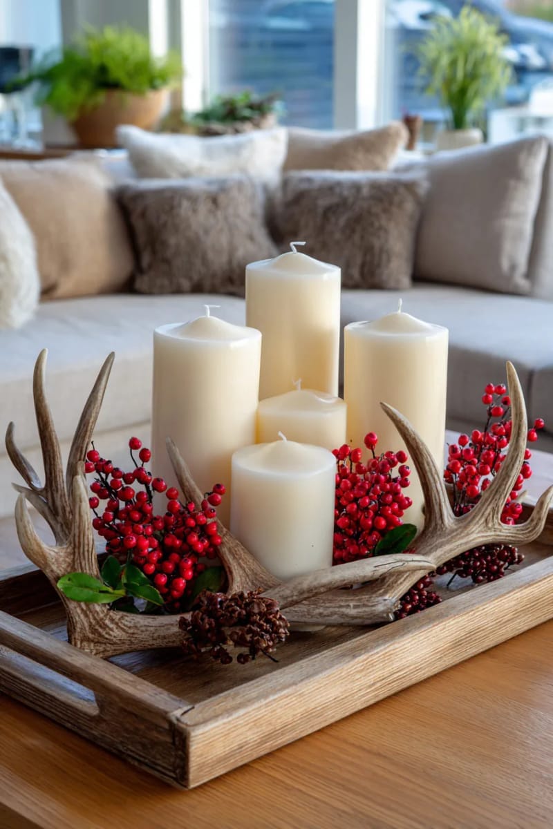 27 Stunning Winter Decor Ideas for a Stylish Retreat 37 arrange a tray of white candles, antlers, and winter berries for coffee table decor. 1
