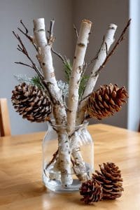 arrange birch branches in a glass vase with pinecones for a natural centerpiece. 5