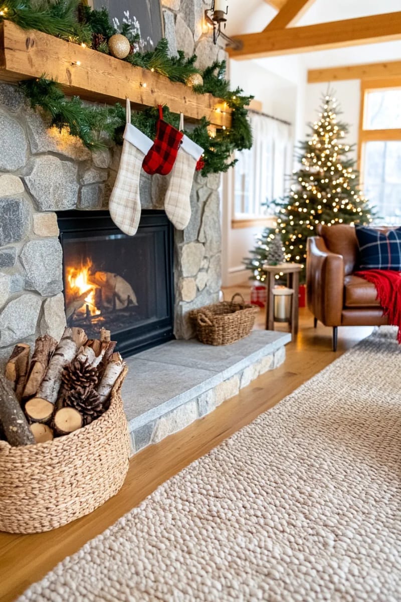 arrange birch logs in a basket next to the hearth for rustic texture 1