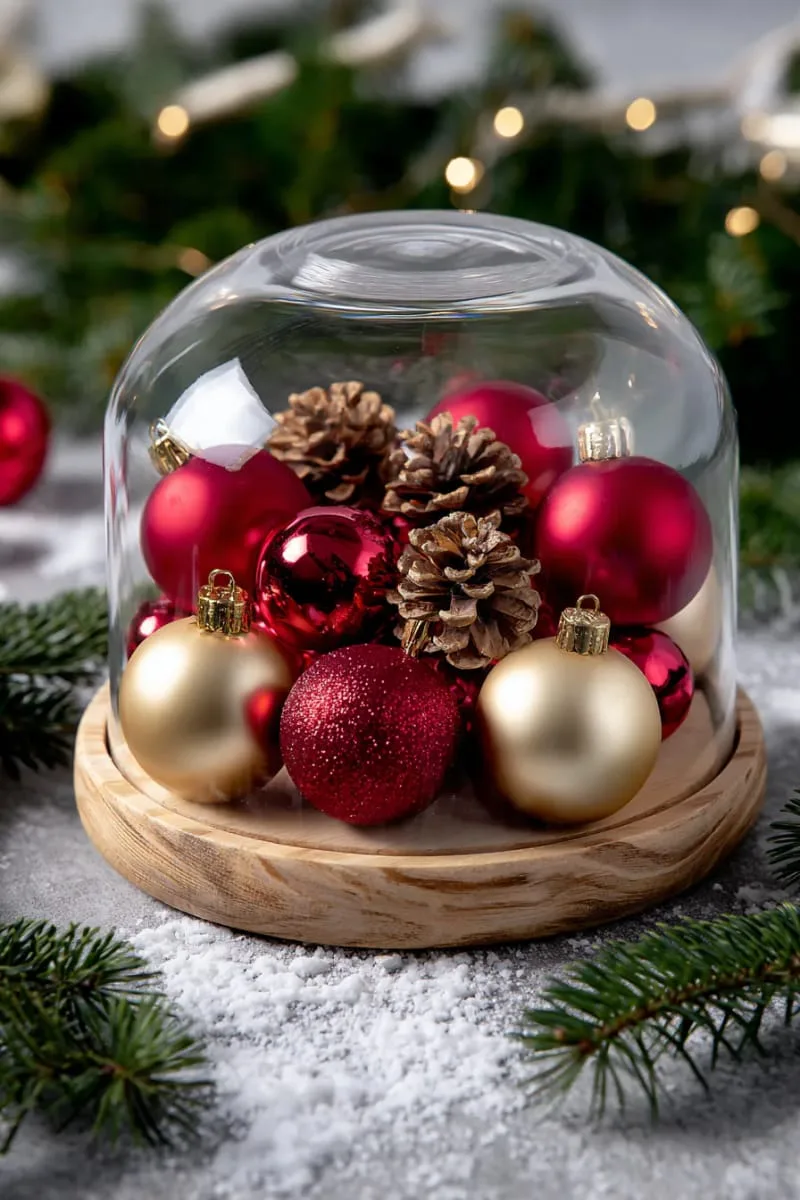 arrange gold and red ornaments with pinecones in a glass cloche display. 1