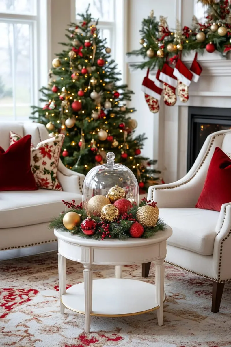 arrange gold and red ornaments with pinecones in a glass cloche display. 1