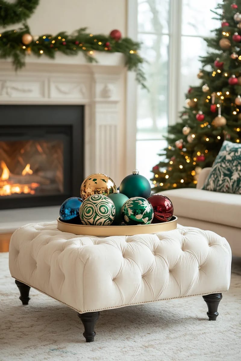 arrange oversized christmas baubles in a decorative tray on the ottoman 1