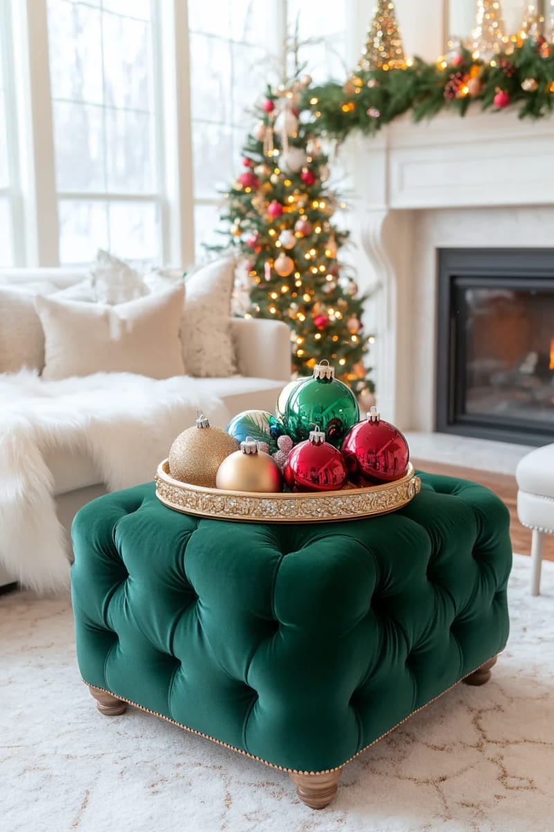 arrange oversized christmas baubles in a decorative tray on the ottoman 1