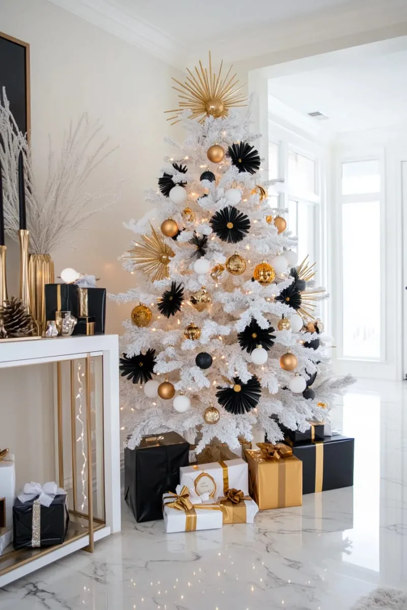 art deco-inspired black and gold ornaments on an all-white christmas tree 1 art deco-inspired black and gold ornaments on an all-white christmas tree 1