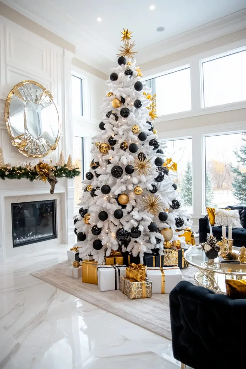 art deco-inspired black and gold ornaments on an all-white christmas tree 1 art deco-inspired black and gold ornaments on an all-white christmas tree 1