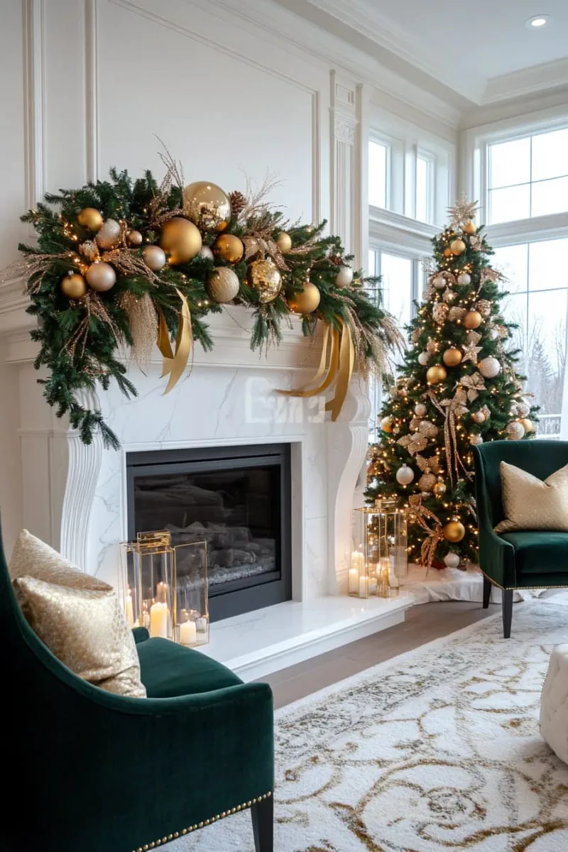 asymmetrical garland with gold ornaments and cascading ribbon 1