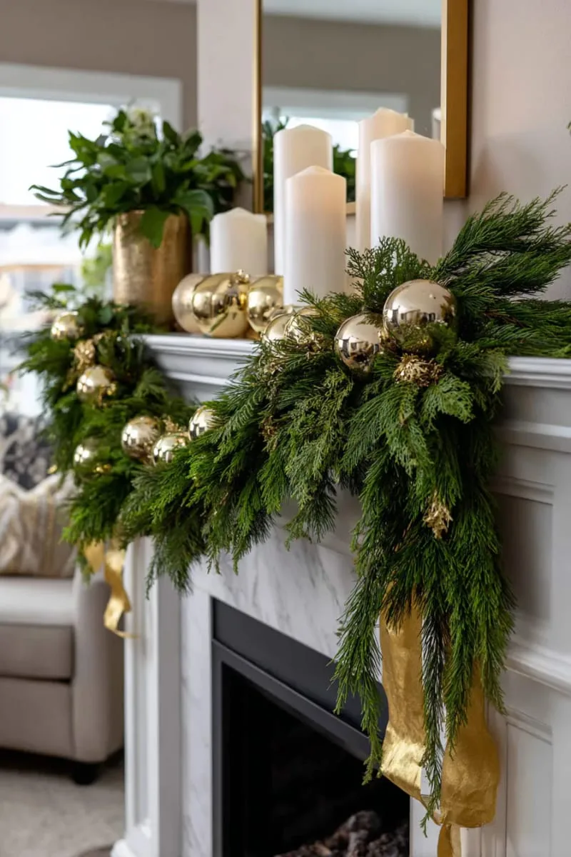 asymmetrical garland with gold ornaments and cascading ribbon 1