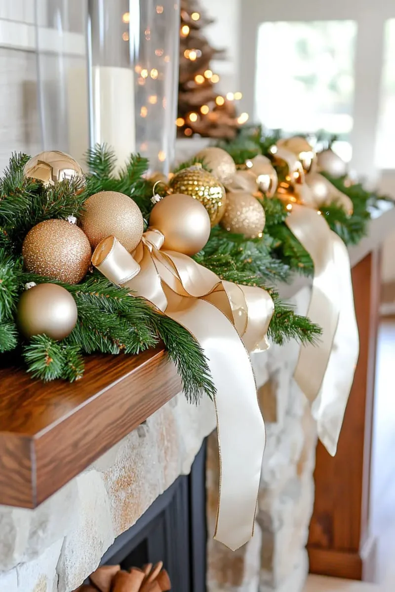 asymmetrical garland with gold ornaments and cascading ribbon 1
